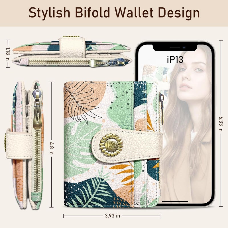 Kelvoris Boho Leafs Abstract Art Small Rfid Women Wallet Bifold Zipper Coin Pocket PU Leather Compact Cash Credit Card Holder Travel Wallet for Female Ladies Teen Girls 1 ID Window 10 Card Slots - Image 5